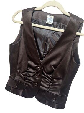 Studio Y Y2K Brown Satin Fitted Vest With Ruched Details & Button Accents Size L